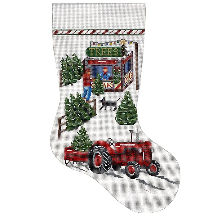 Tractor and Tree Lot Stocking Painted Canvas The Gingham Stitchery - 1