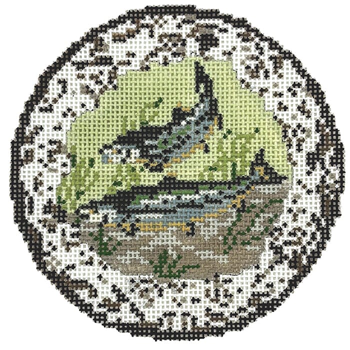Transferware Salmon Plate Painted Canvas The Gingham Stitchery - 1
