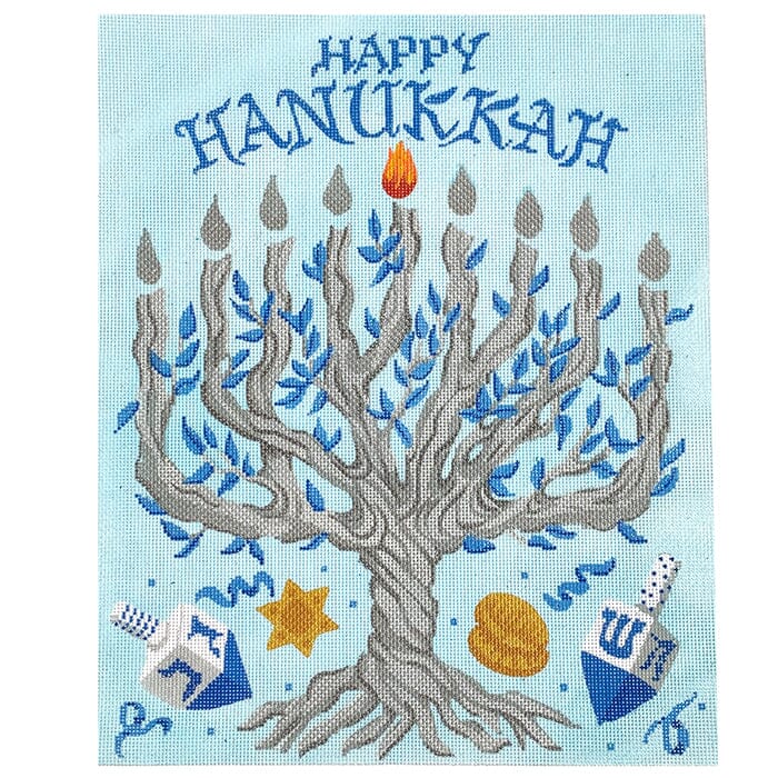 Tree of Life Menorah Set Blues & Silvers Painted Canvas Kate Dickerson Needlepoint Collections