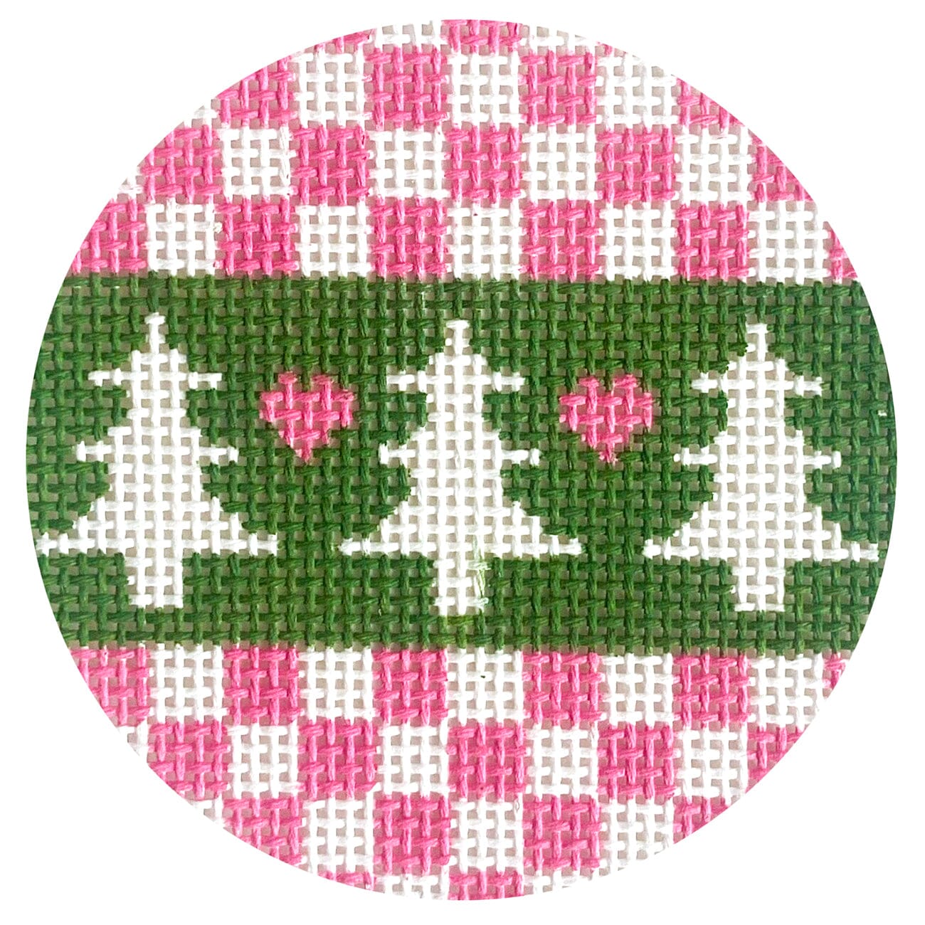 Trees on Pink and White Check Round Painted Canvas Stitch Its - 1