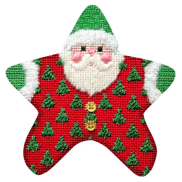 Trees on Red PJ Santa with Stitch Guide Printed Canvas Two Sisters Needlepoint