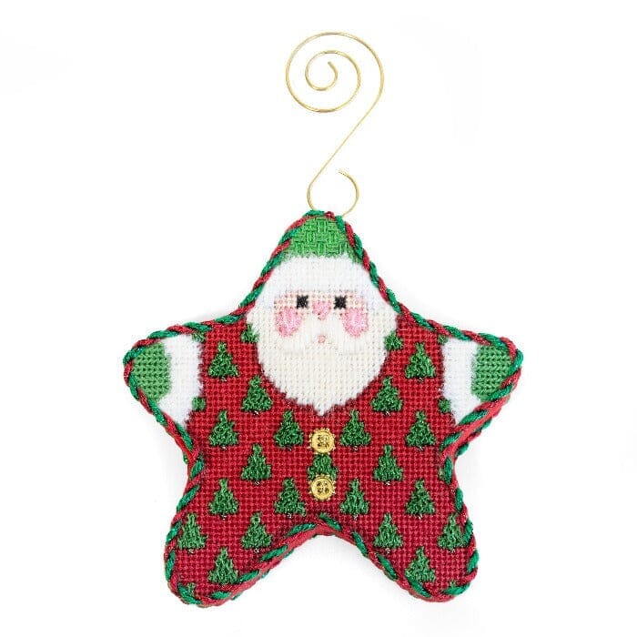 Trees on Red PJ Santa with Stitch Guide Printed Canvas Two Sisters Needlepoint