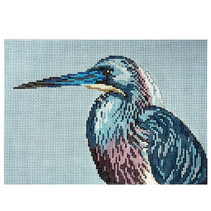 Tri Colored Heron on 18 Painted Canvas Needle Crossings - 1