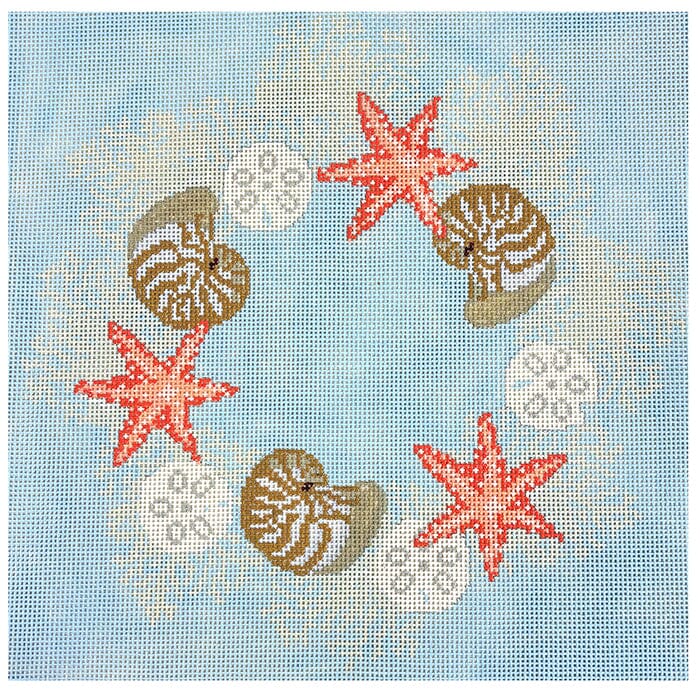 Tropical Coral Wreath on Light Blue Painted Canvas The Salty Stitcher - 1