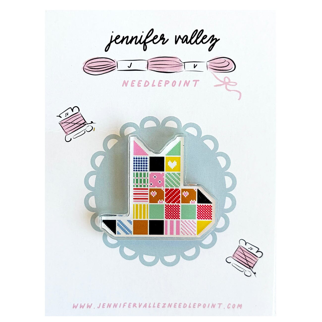 Vintage Patchwork Cat Acrylic Needle Minder Accessories Jennifer Vallez Needlepoint - 1
