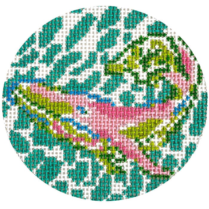 Whale Pink/Green 4" Round Painted Canvas Blue Waters Needlepoint - 1