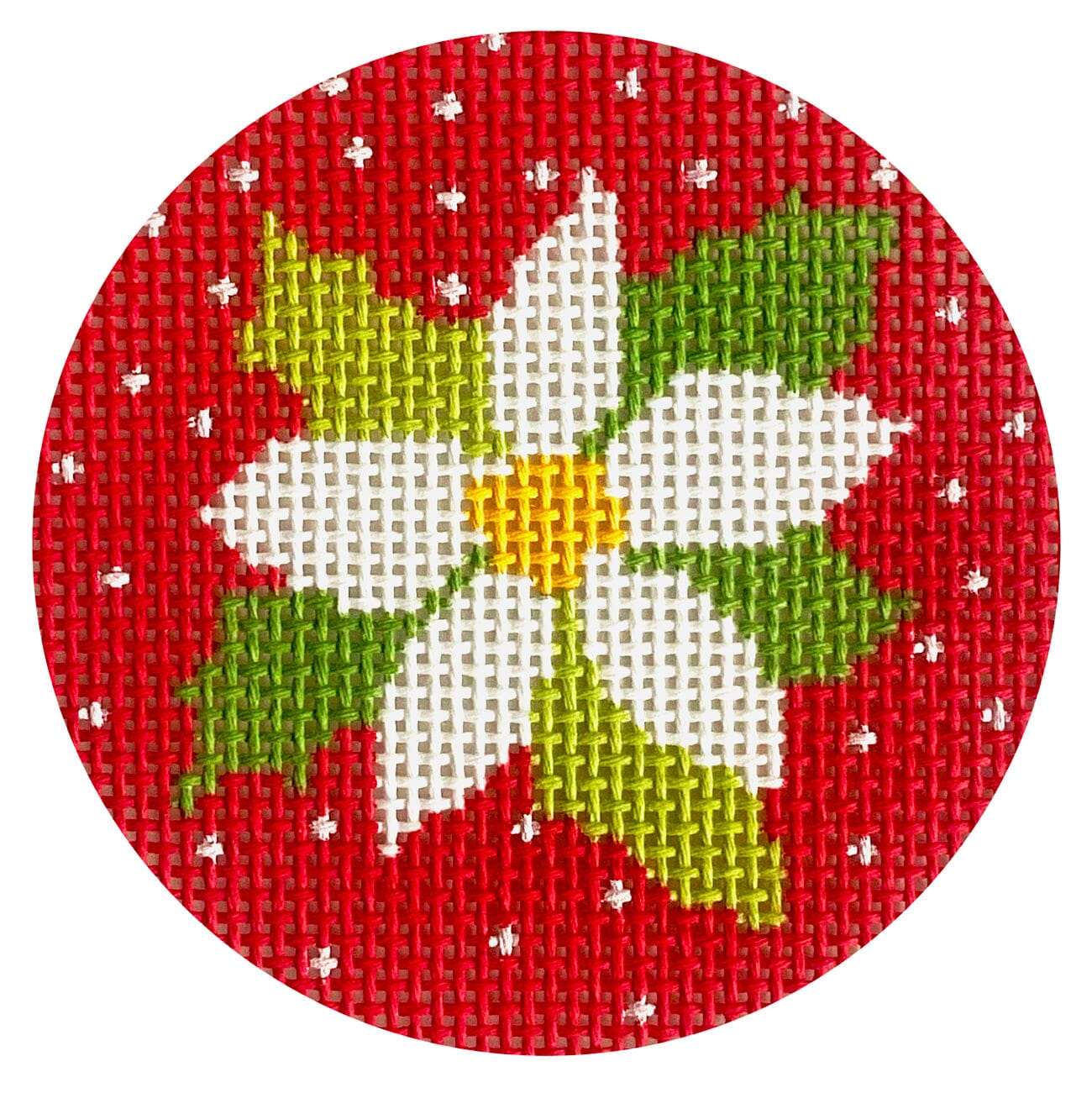 White Flower on Red Round Painted Canvas Stitch Its - 1