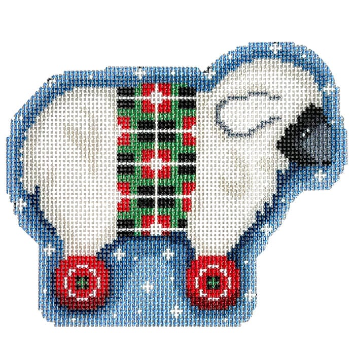 White Sheep on Wheels Ornament Printed Canvas Two Sisters Needlepoint