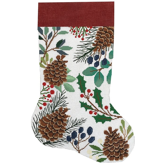 White Stocking with Pinecones Painted Canvas Laura Love Designs - 1
