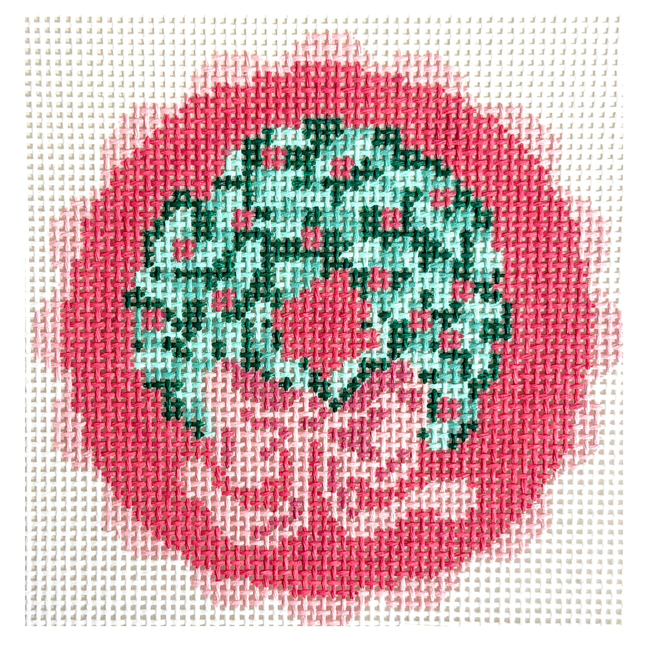 Wreath on Pink Round Painted Canvas Walker's Needlepoint - 1