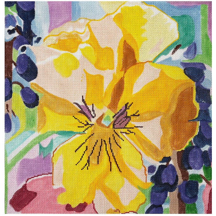 Yellow Pansy and Gape Hyacinthe 14" Painted Canvas Jean Smith - 1