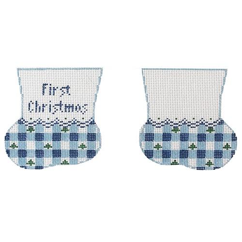 1st Xmas Blue Gingham Baby Booties Painted Canvas Kathy Schenkel Designs - 1