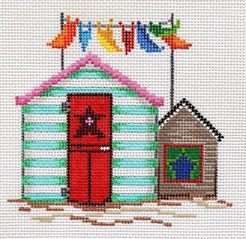 2 Cabanas with Flags Painted Canvas Patti Mann - 1