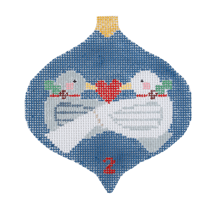 2 Turtle Doves Bauble with Stitch Guide 12 Days of Christmas Painted Canvas Kathy Schenkel Designs - 1