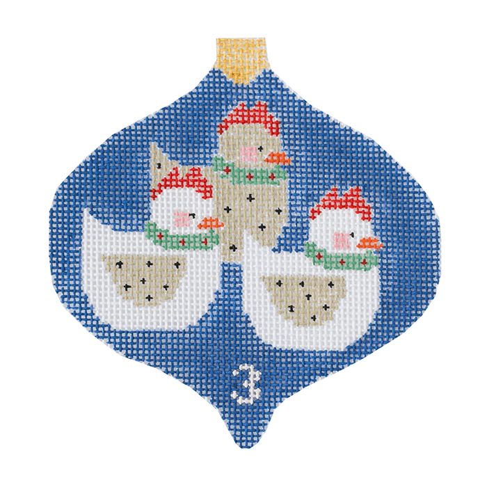 3 French Hens Bauble with Stitch Guide 12 Days of Christmas Painted Canvas Kathy Schenkel Designs - 1