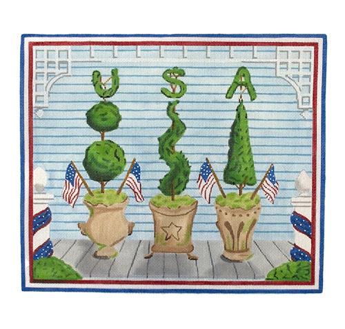 American Front Porch w/ USA Topiaries Summer Painted Canvas Kate Dickerson Needlepoint Collections - 1