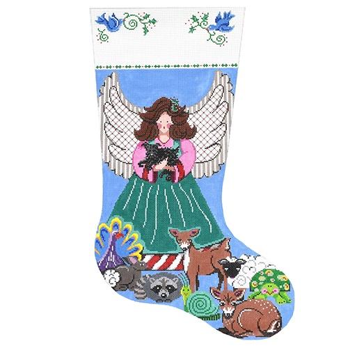 Angel and Sweet Animals Stocking Painted Canvas Patti Mann