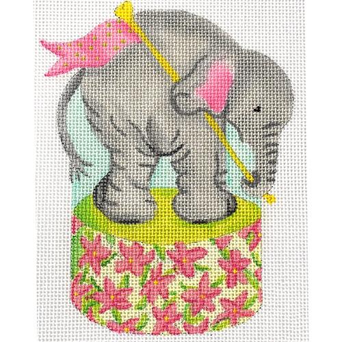 Baby Elephant on Floral Drum Painted Canvas Kate Dickerson Needlepoint Collections - 1