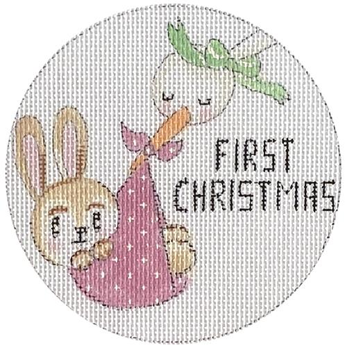 Baby's First Christmas Stork & Girl Bunny Painted Canvas Alice Peterson Company - 1