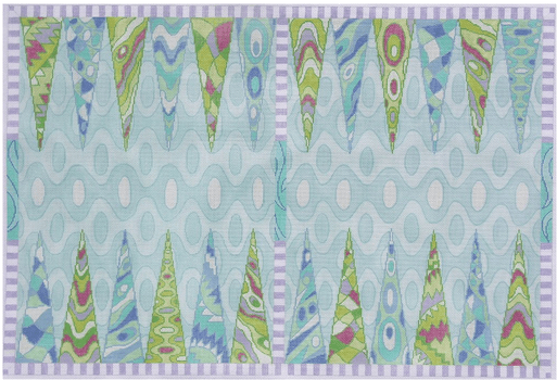 Backgammon Board - Pucci - blues, greens, periwinkle, & violet Painted Canvas Kate Dickerson Needlepoint Collections