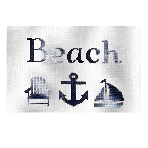 Beach with Adirondack Chair, Anchor, Sailboat Navy on White Painted Canvas Kristine Kingston - 1