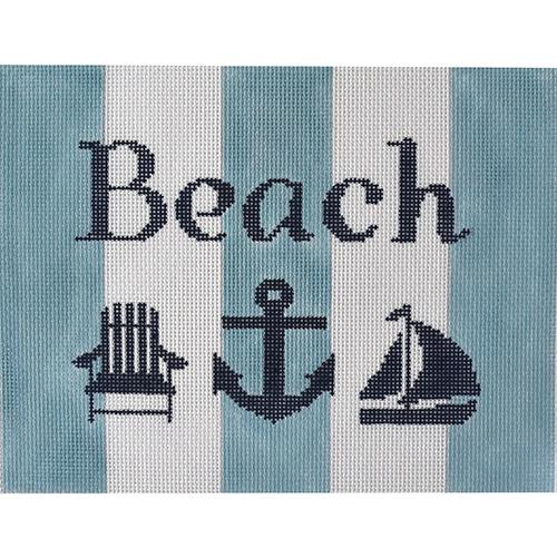 Beach with Adirondack Chair, Anchor, Sailboat on Blue and White Stripes Painted Canvas Kristine Kingston