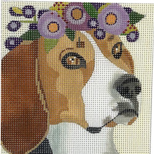 Beagle with Purple Floral Crown 4" Square Painted Canvas Melissa Prince Designs - 1