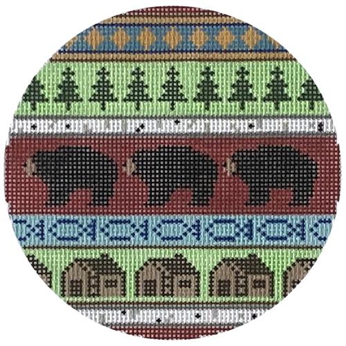 Bear and Cabins Ornament Painted Canvas Silver Needle - 1