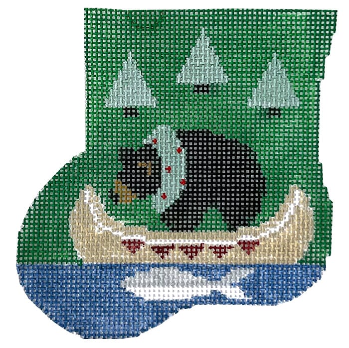 Bear Canoe with Black Bear Insert Mini Stocking Painted Canvas Kathy Schenkel Designs - 1