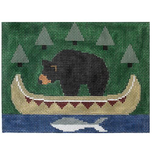 Bear with Indian Canoe Pillow Painted Canvas Kathy Schenkel Designs - 1