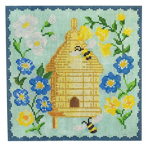 Bee Skep Blue Flowers Painted Canvas Kirk & Bradley - 1