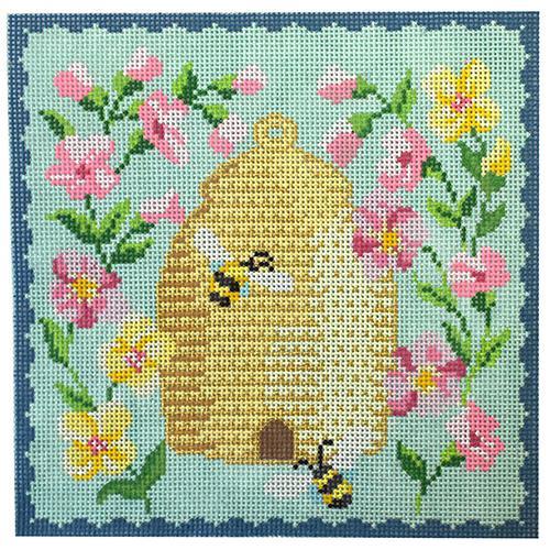 Bee Skep Pink Flowers Painted Canvas Kirk & Bradley - 1