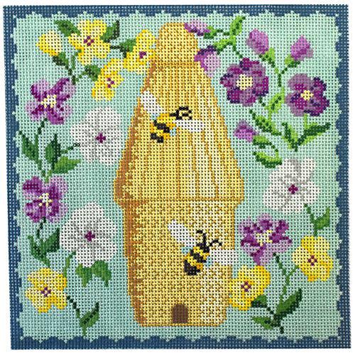Bee Skep Purple Flowers Painted Canvas Kirk & Bradley - 1