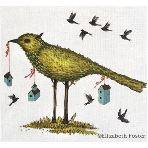 Bird Topiary with Little Birdhouses Painted Canvas Melissa Shirley Designs - 1