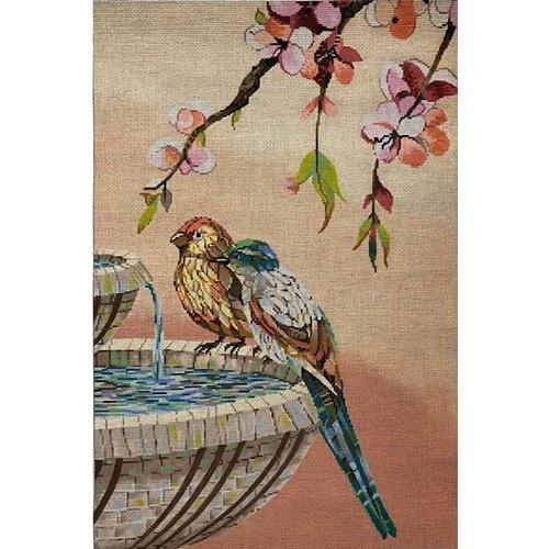 Birds in Fountain Mosaic Painted Canvas A Stitch in Time - 1