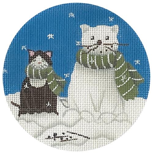 Black Cat with Cat Snowman Round Painted Canvas CBK Needlepoint Collections