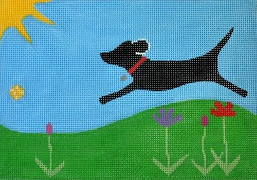 Black Lab in Grass Painted Canvas Stitch Its - 1