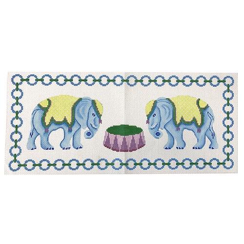 Blue Elephants w/ Jewelry Chain Border & Monogram Space Blues, Greens, Purples Painted Canvas Kate Dickerson Needlepoint Collections