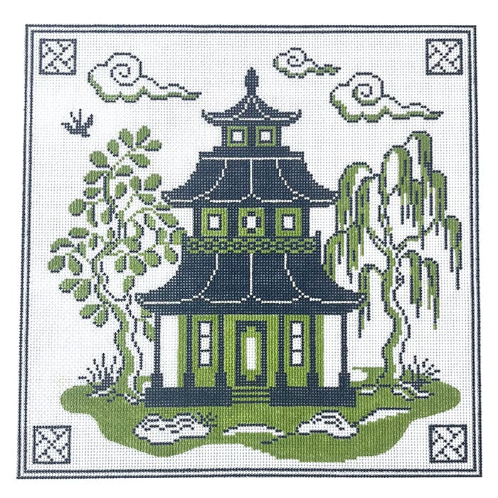 Blue & Green Pagoda Painted Canvas Alice Peterson Company - 1