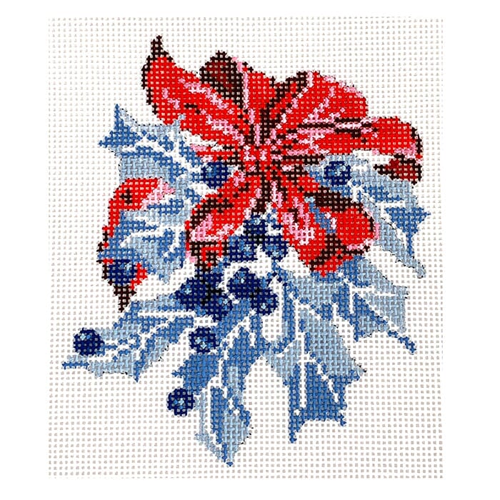 Blue Holly with Red Bow Painted Canvas The Gingham Stitchery - 1