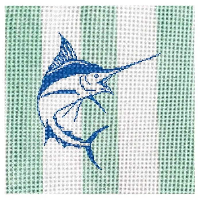 Blue Marlin on Mint Stripes Painted Canvas Kristine Kingston - 1