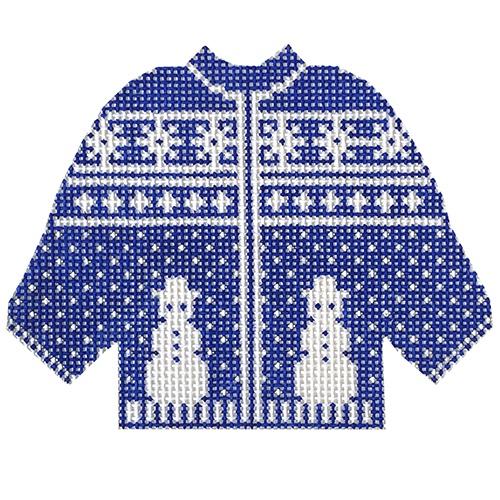 Blue Snowman Sweater Ornament Painted Canvas Silver Needle - 1