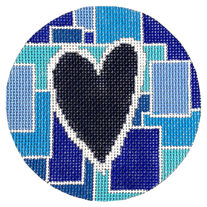 Blue Squares with Heart - Grey Canvas Painted Canvas CBK Needlepoint Collections