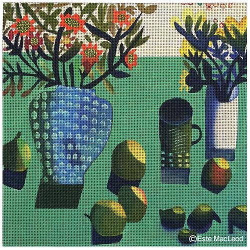 Blue Vase and Figs on Green Background Painted Canvas Melissa Shirley Designs