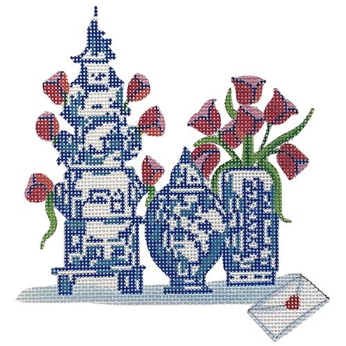 Blue & White Vases with Tulips Painted Canvas All About Stitching/The Collection Design