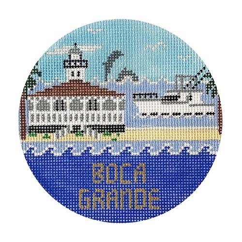 Boca Grande Shrimp Boat Round Painted Canvas Doolittle Stitchery