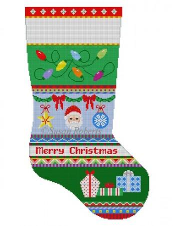 Bold Stripe Lights, Ornaments, & Presents Stocking Painted Canvas Susan Roberts Needlepoint Designs Inc.