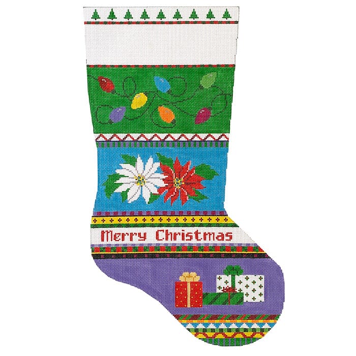 Bold Stripe Lights, Poinsettias, Presents Stocking #13 Painted Canvas Susan Roberts Needlepoint Designs Inc.