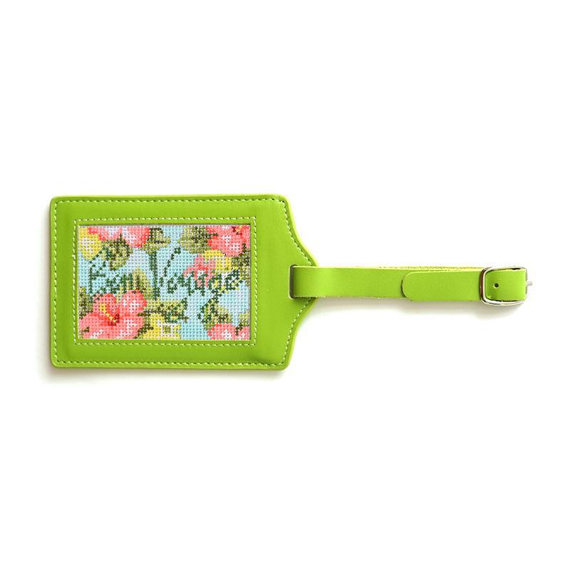 Bon Voyage Hibiscus with Luggage Tag Painted Canvas Needlepoint.Com Green