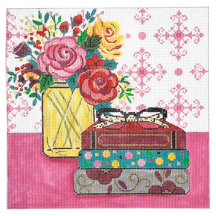 Books and Flowers Painted Canvas Alice Peterson Company